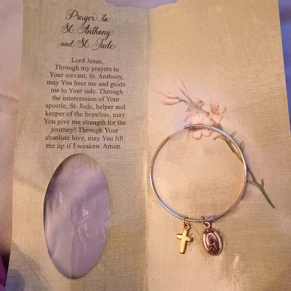 Faith Bangle Charm Bracelet Silvertone Saints Anthony and Jude